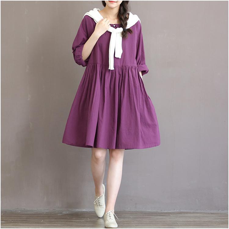 Purple retro linen dress half sleeve pleated sundress cotton summer dresses spring bottoming dress - Omychic