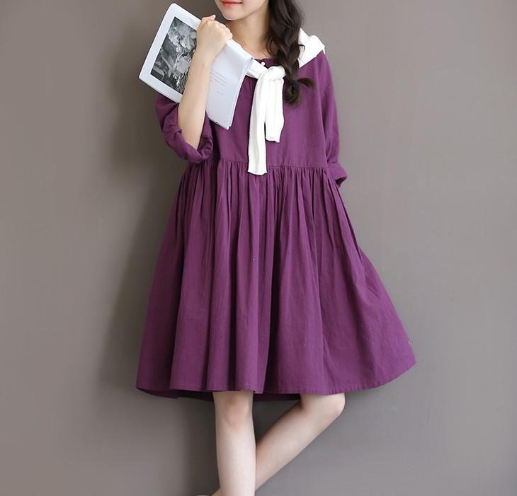 Purple retro linen dress half sleeve pleated sundress cotton summer dresses spring bottoming dress - Omychic