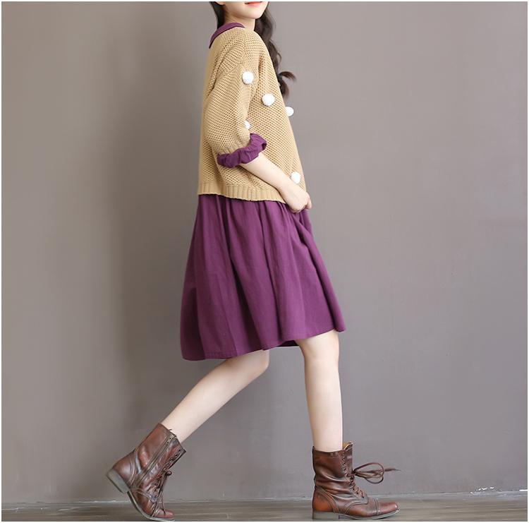 Purple retro linen dress half sleeve pleated sundress cotton summer dresses spring bottoming dress - Omychic