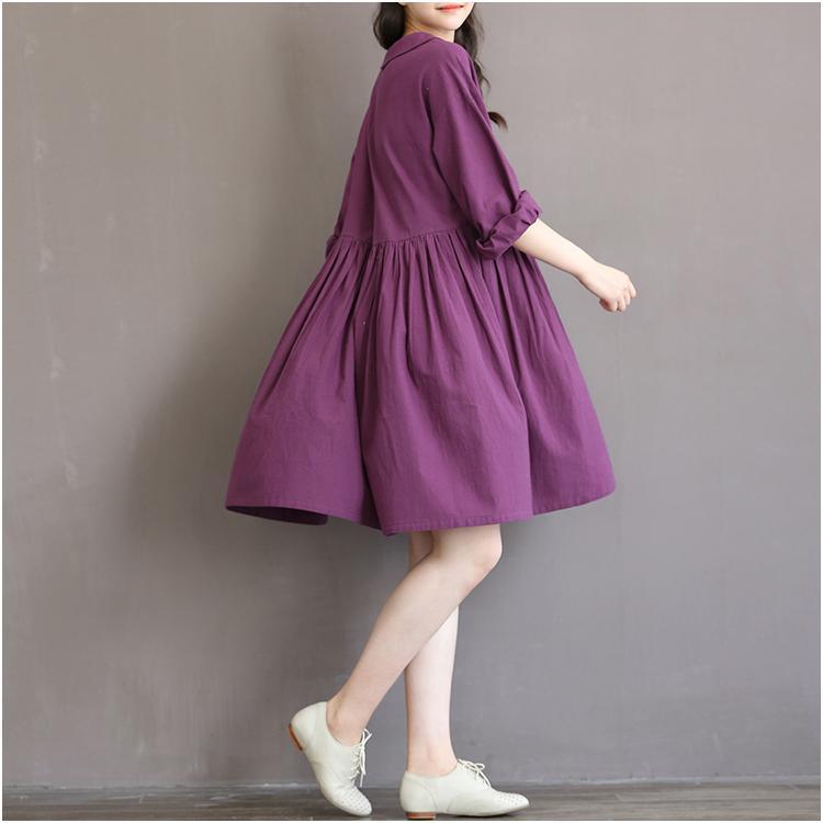 Purple retro linen dress half sleeve pleated sundress cotton summer dresses spring bottoming dress - Omychic