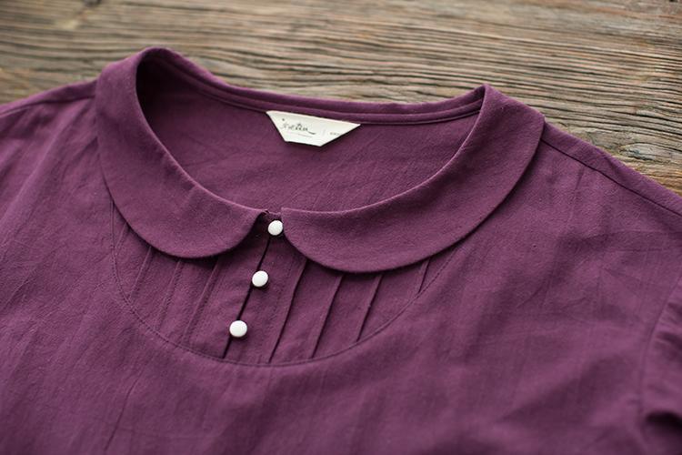 Purple retro linen dress half sleeve pleated sundress cotton summer dresses spring bottoming dress - Omychic
