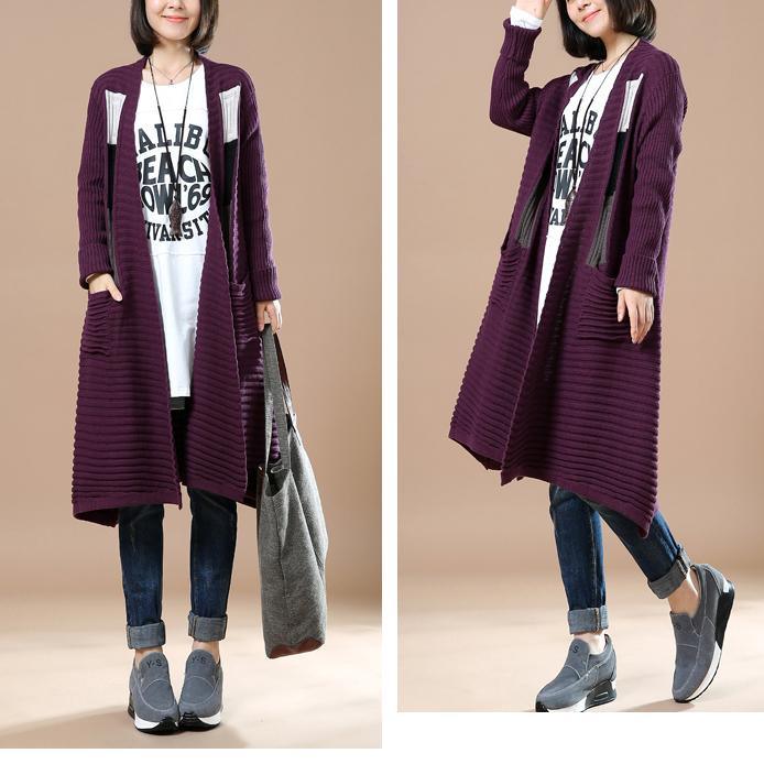 Purple woman long knitted coats plus size cardigans - Omychic
