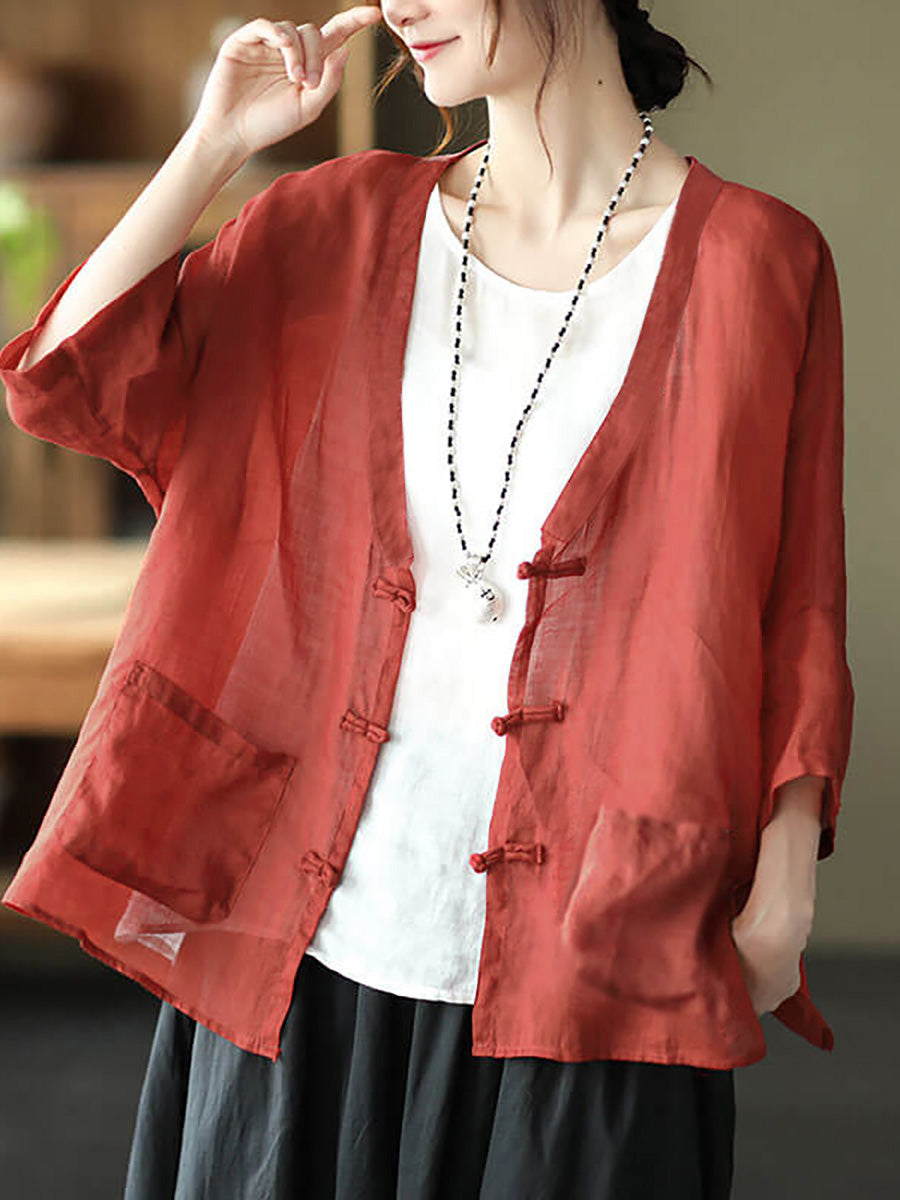 Women Casual Ramie Pocket Vintage Sunscreen Cardigans