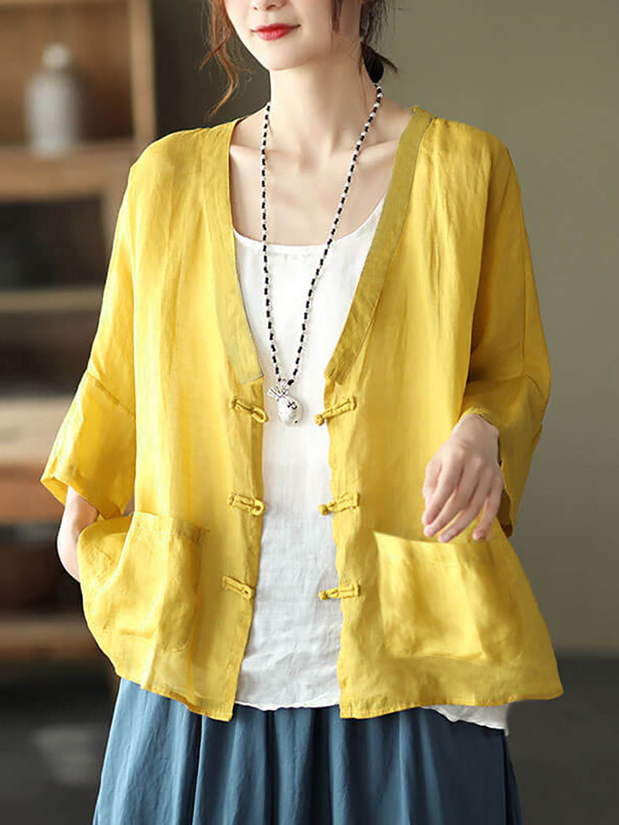 Women Casual Ramie Pocket Vintage Sunscreen Cardigans