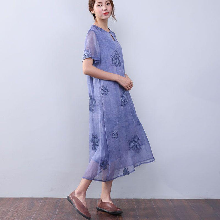 Women Retro Loose Casual Cotton Short Sleeves Jacquard Purple Dress ( Limited Stock) - Omychic