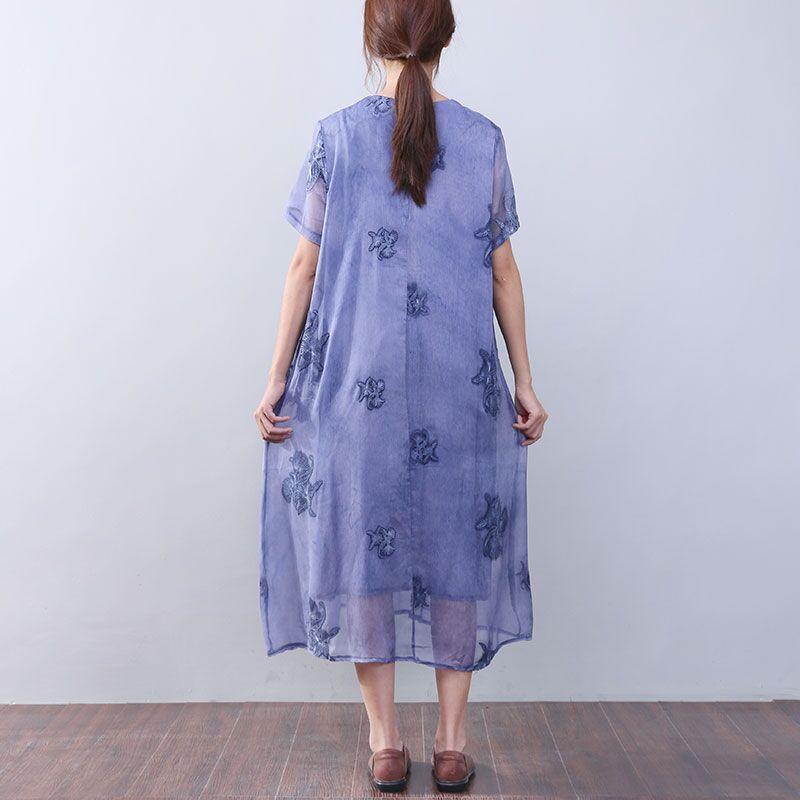 Women Retro Loose Casual Cotton Short Sleeves Jacquard Purple Dress ( Limited Stock) - Omychic