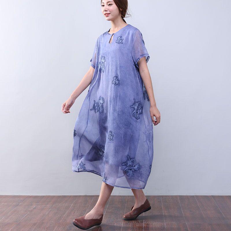 Women Retro Loose Casual Cotton Short Sleeves Jacquard Purple Dress ( Limited Stock) - Omychic