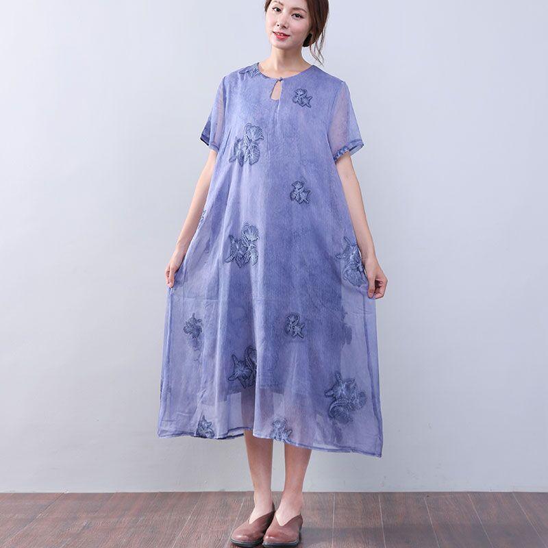 Women Retro Loose Casual Cotton Short Sleeves Jacquard Purple Dress ( Limited Stock) - Omychic