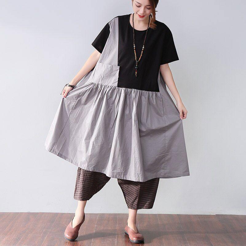 Novelty Cotton Pocket Short Sleeves Women Black Dress - Omychic