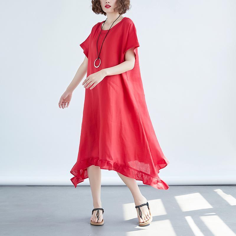 Women Round Neck Short Sleeve Loose Red Dress - Omychic