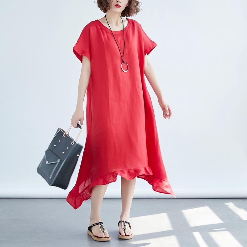 Women Round Neck Short Sleeve Loose Red Dress - Omychic