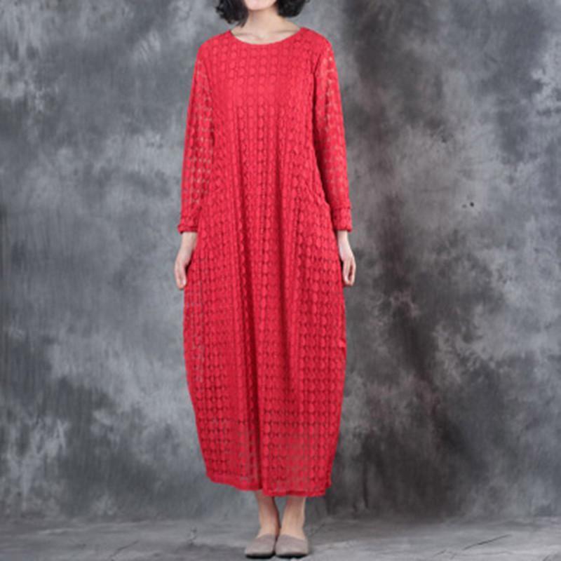 Round Neck Lace Long Sleeve Lining Women Red Dress - Omychic