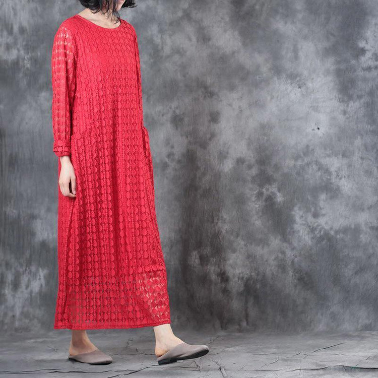 Round Neck Lace Long Sleeve Lining Women Red Dress - Omychic