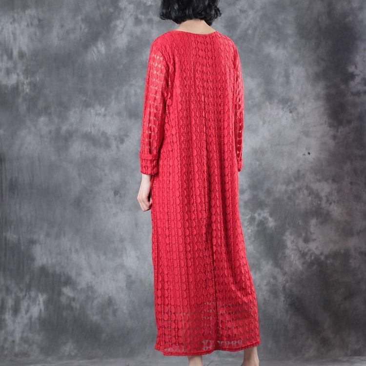 Round Neck Lace Long Sleeve Lining Women Red Dress - Omychic