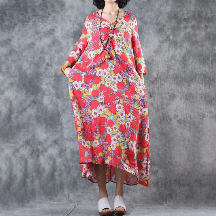 Ramie V-Neck Print Linen Women Dress - Omychic