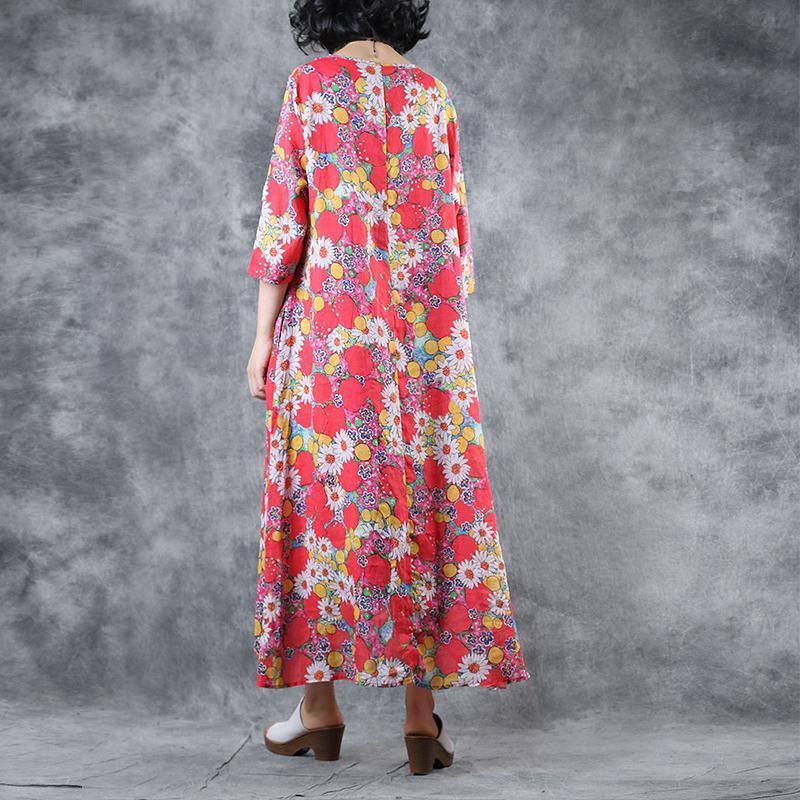 Ramie V-Neck Print Linen Women Dress - Omychic