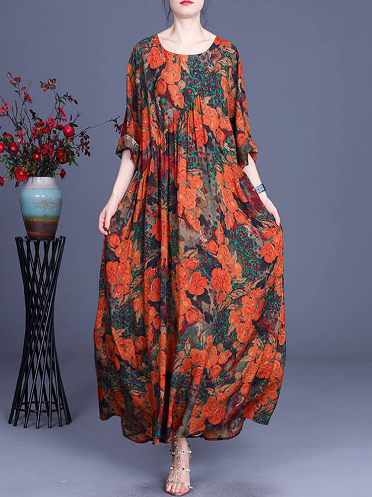 Vintage Floral Irregular Casual Maxi Dress - Omychic