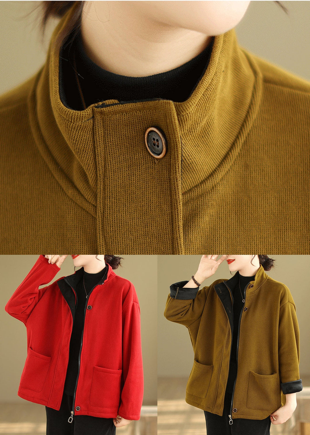 Red Button Loose Warm Fleece Coat Stand Collar Long Sleeve