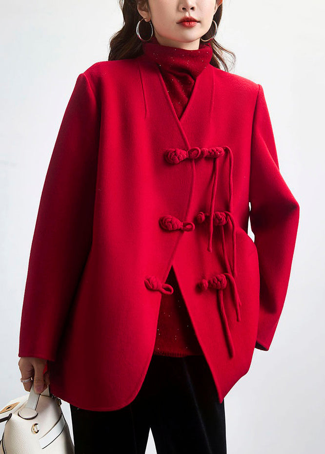 Red Button Patchwork Wool Coat V Neck Long Sleeve