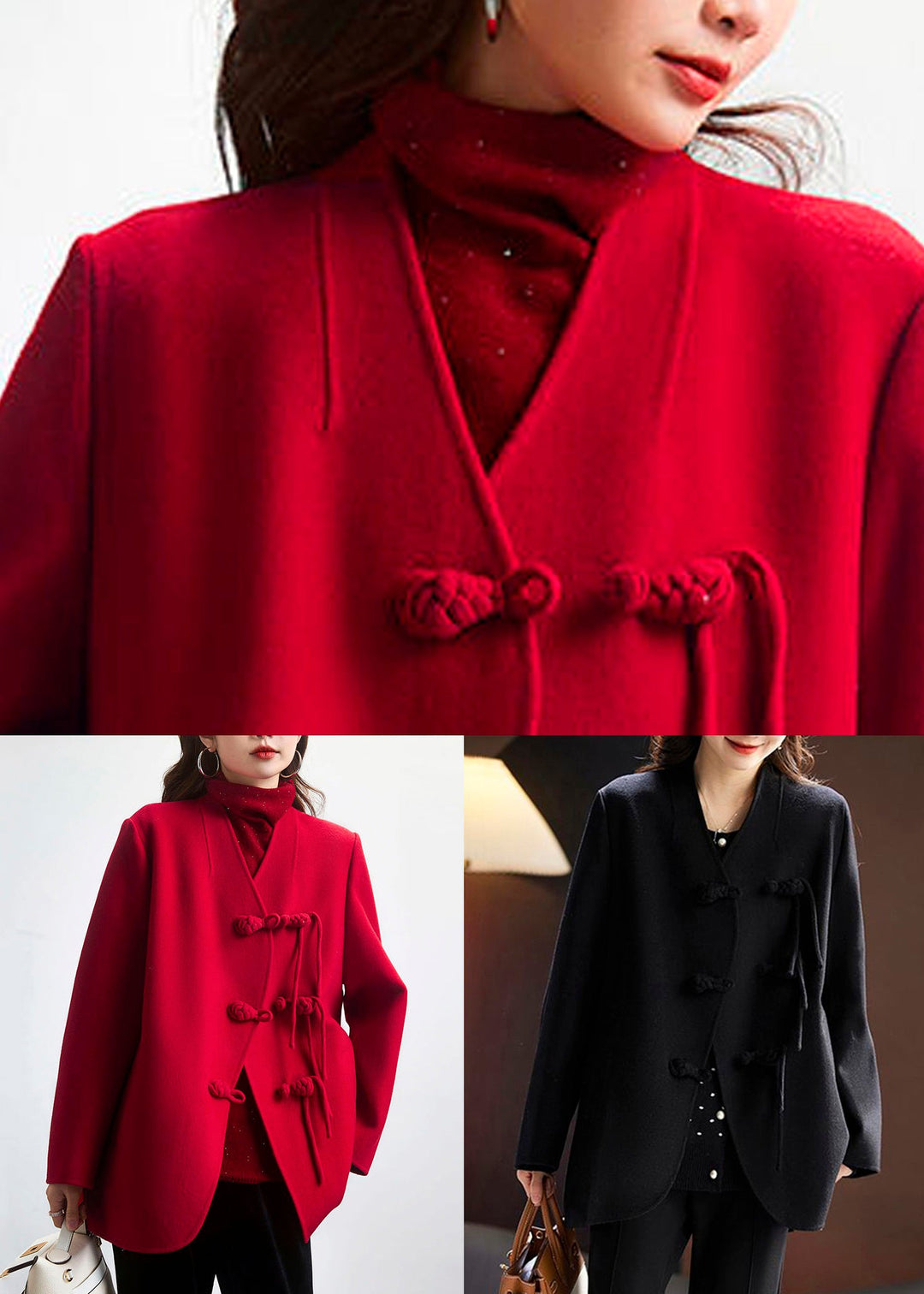 Red Button Patchwork Wool Coat V Neck Long Sleeve