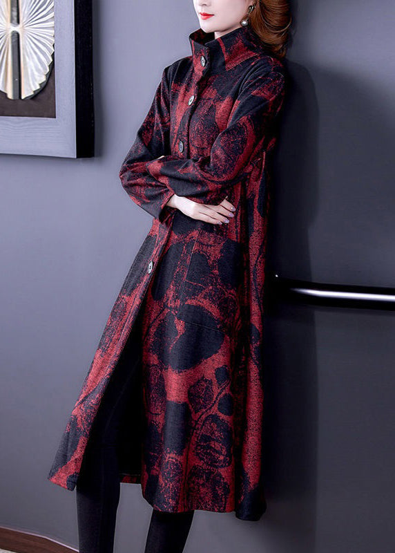 Red Button Pockets Patchwork Cotton Long Trench Coat Stand Collar Long Sleeve