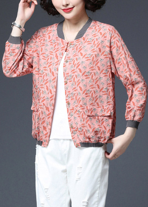 Red Button Pockets Print Coat Long Sleeve