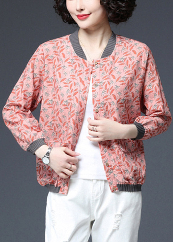 Red Button Pockets Print Coat Long Sleeve