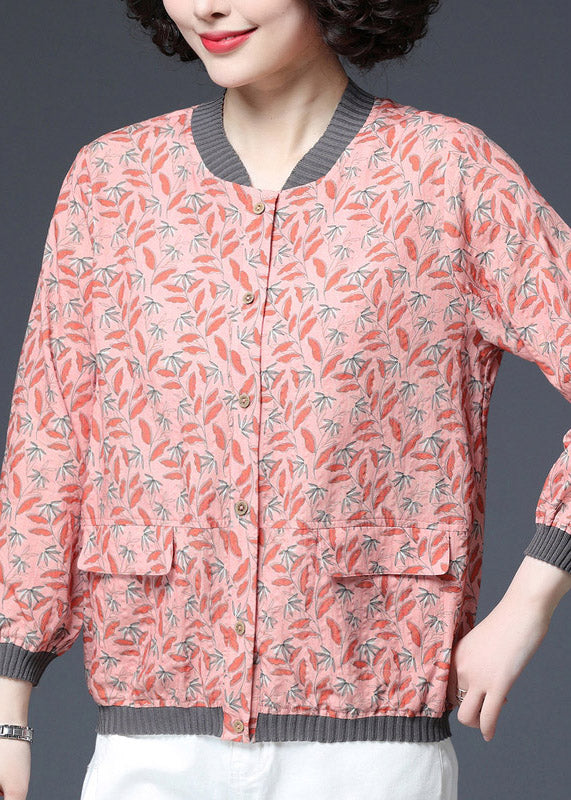 Red Button Pockets Print Coat Long Sleeve