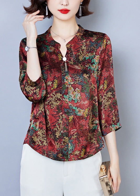 Red Button Silk Tops Long Sleeve