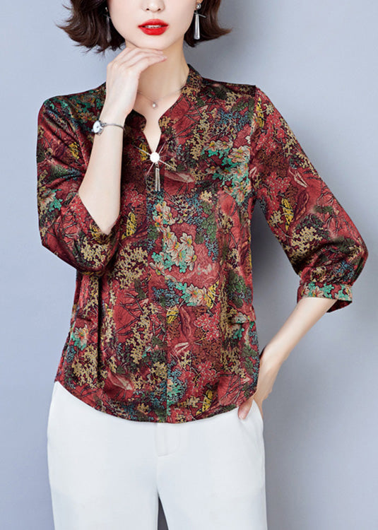 Red Button Silk Tops Long Sleeve