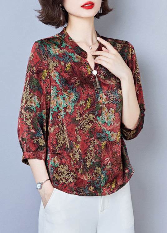 Red Button Silk Tops Long Sleeve