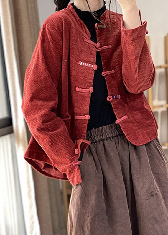 Red Button Thick Corduroy Coat Long Sleeve