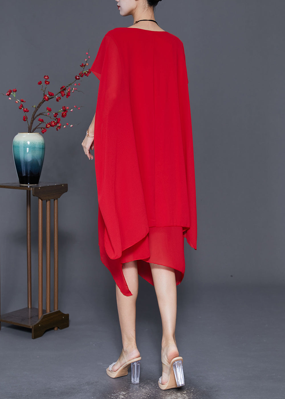 Red Chiffon Long Dress Asymmetrical Draping Cloak Sleeves