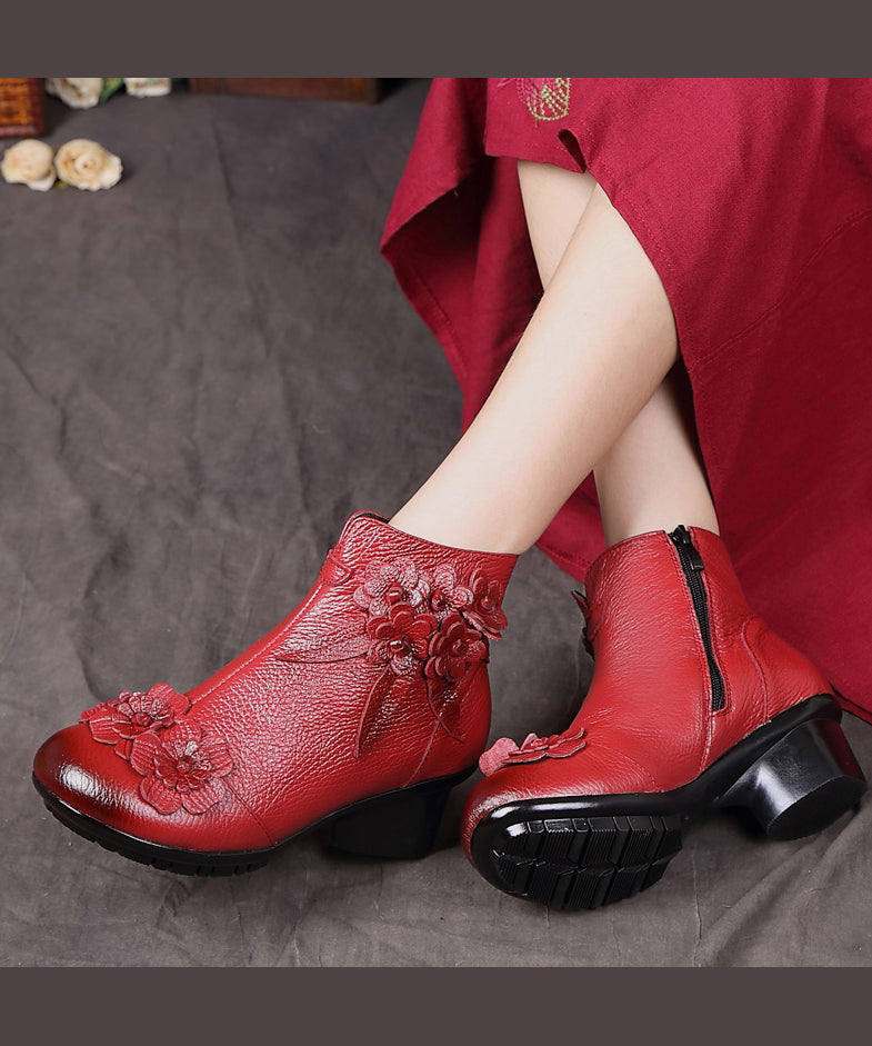 Red Chunky Cowhide Leather Comfy Floral Splicing Boots