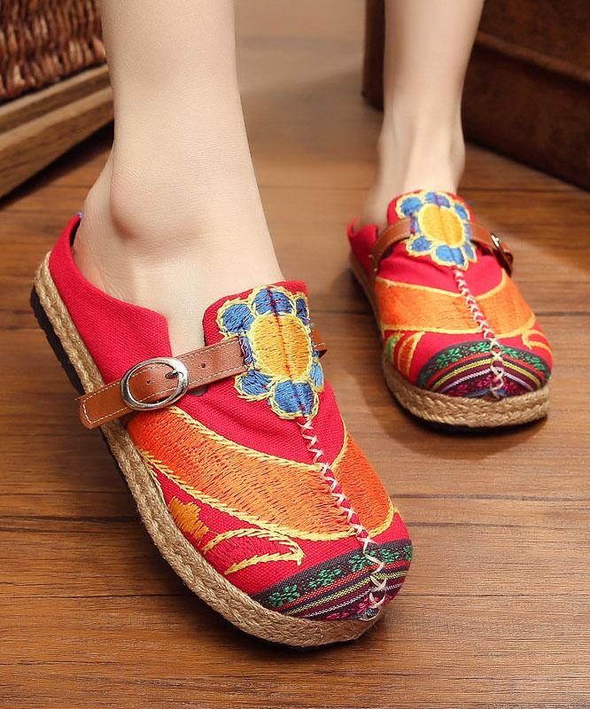 Red Cotton Linen Embroidered Fabric Vintage Buckle Strap Thong Sandals