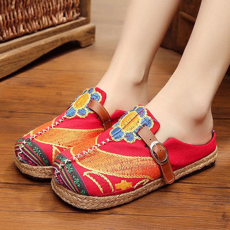 Red Cotton Linen Embroidered Fabric Vintage Buckle Strap Thong Sandals
