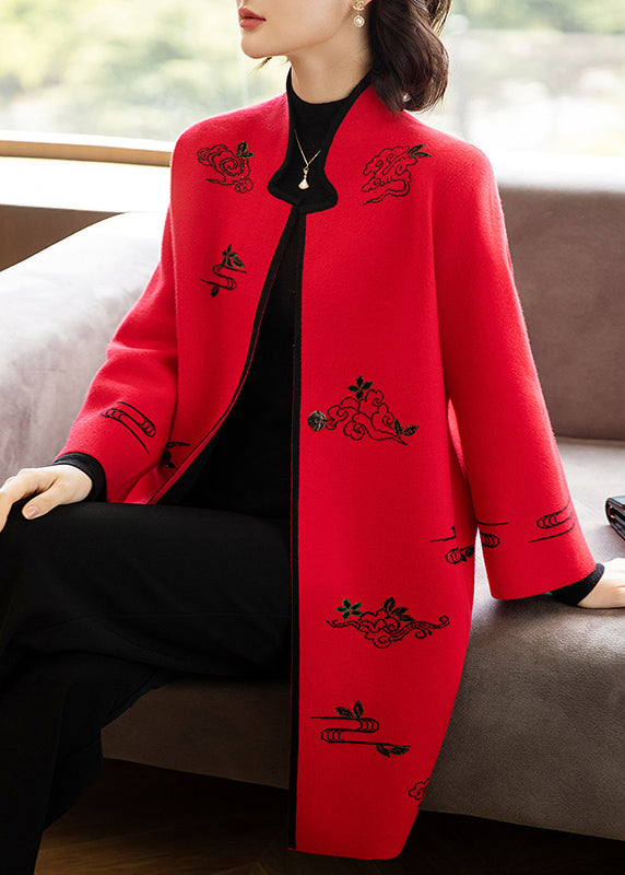 Red Embroidered Stand Collar Patchwork Wool Coats Stand Collar Long Sleeve
