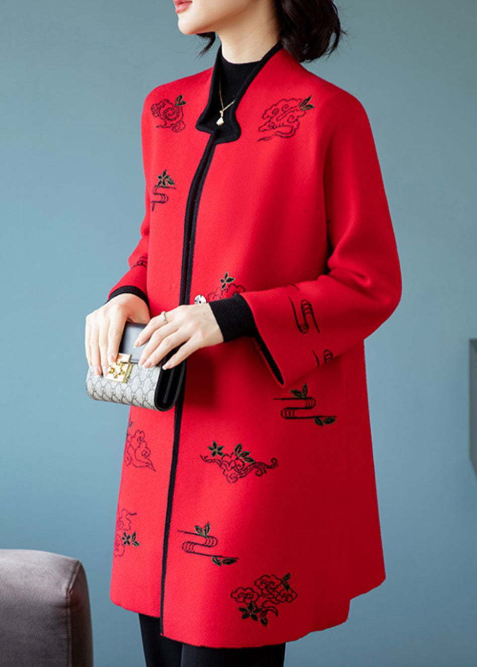 Red Embroidered Stand Collar Patchwork Wool Coats Stand Collar Long Sleeve