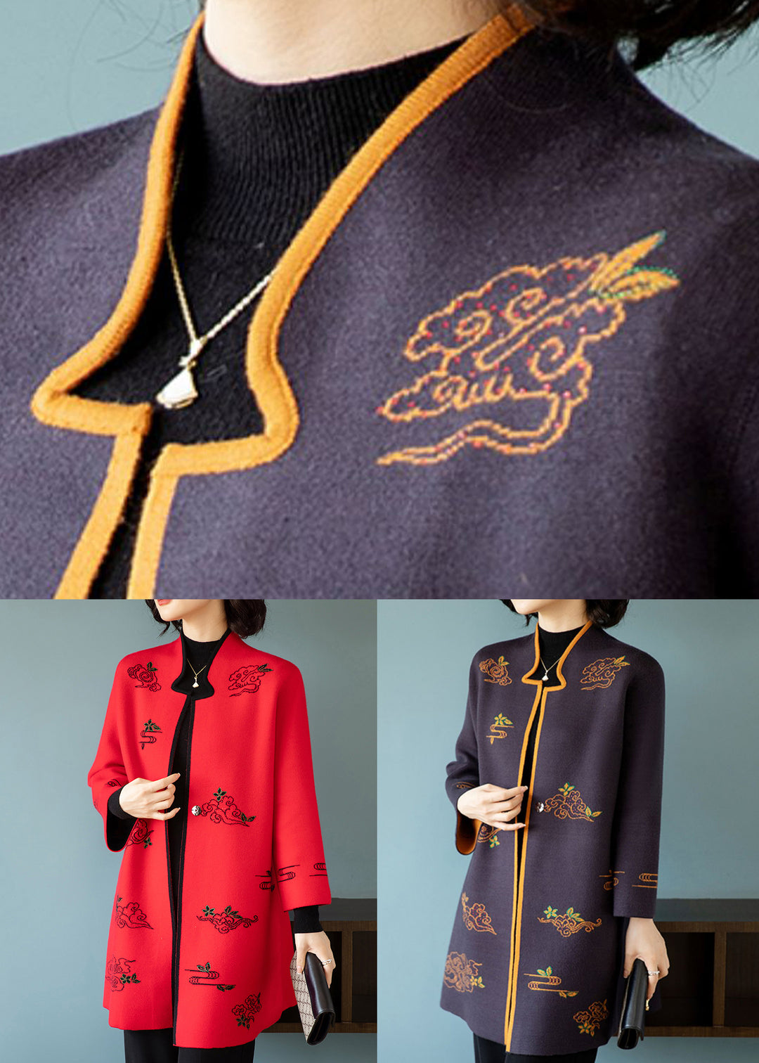 Red Embroideried Stand Collar Patchwork Wool Coats Stand Collar Long Sleeve