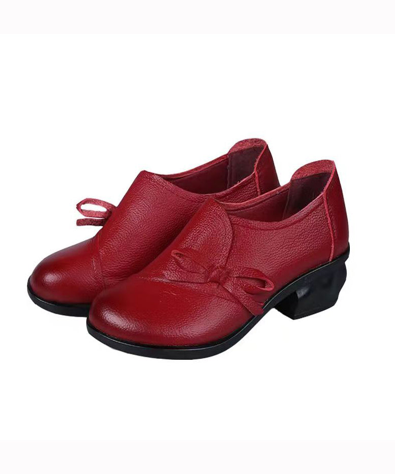 Red Handmade Retro Splicing Chunky Heel