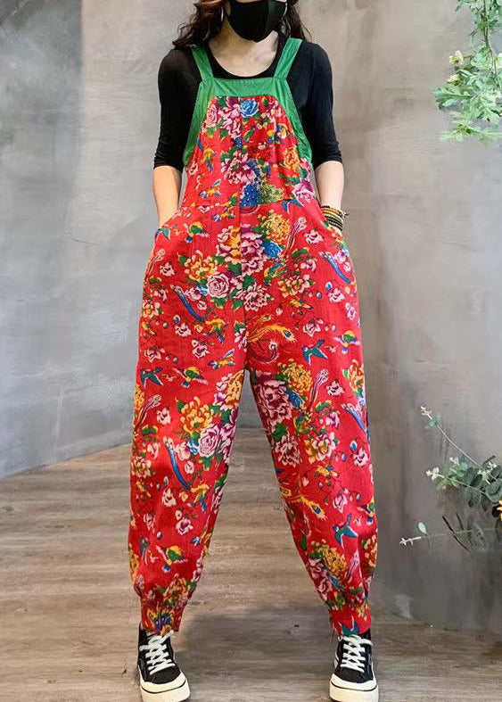 Red High Waist Patchwork Cotton Jumpsuits Pockets  Fall