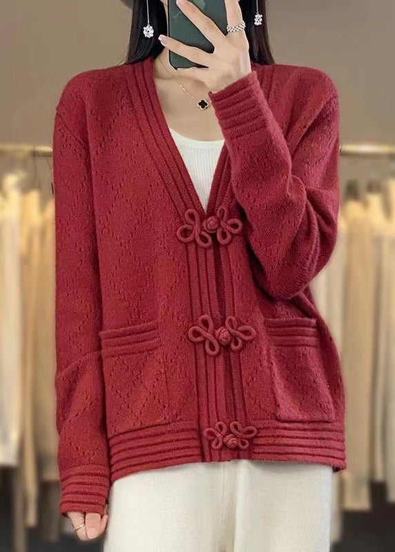 Red Hollow Out Pockets Wool Coats V Neck Long Sleeve