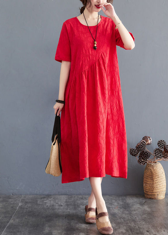 Red Jacquard Cotton Vacation Dresses Exra Large Hem Wrinkled Summer