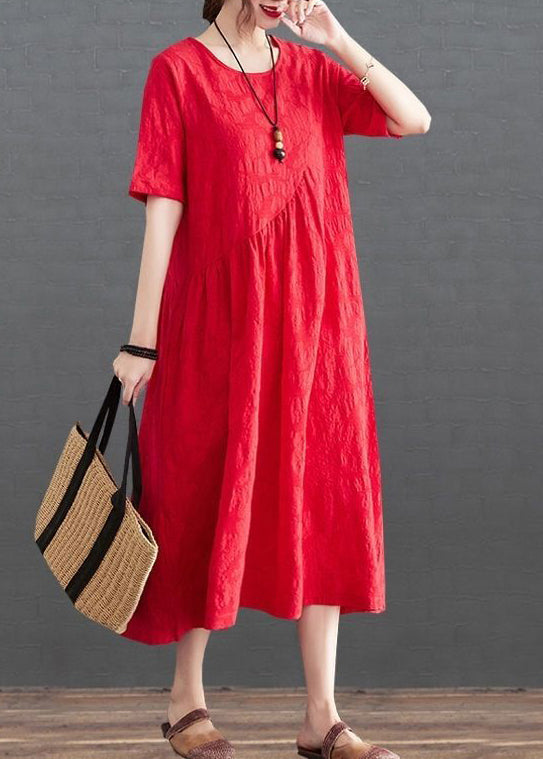 Red Jacquard Cotton Vacation Dresses Exra Large Hem Wrinkled Summer