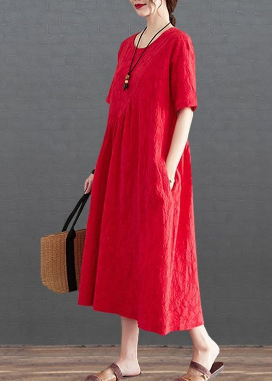 Red Jacquard Cotton Vacation Dresses Exra Large Hem Wrinkled Summer