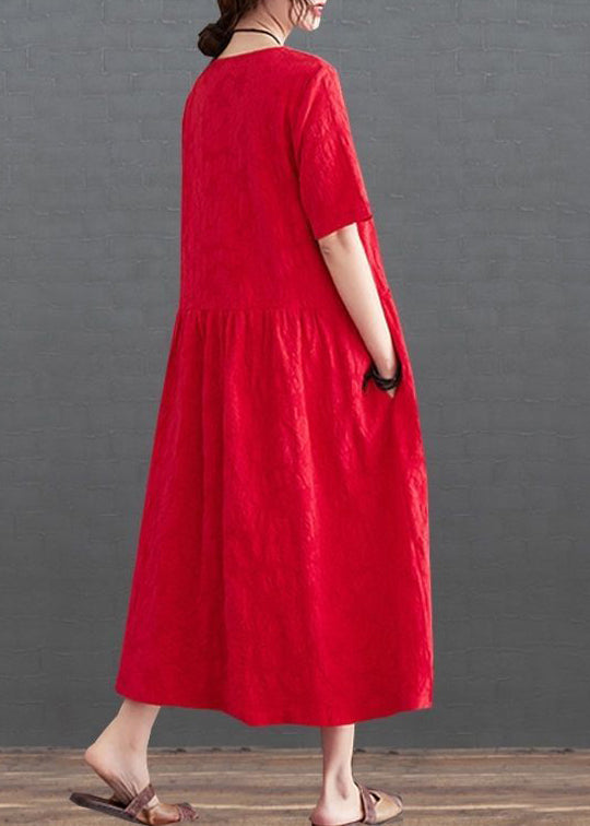 Red Jacquard Cotton Vacation Dresses Exra Large Hem Wrinkled Summer