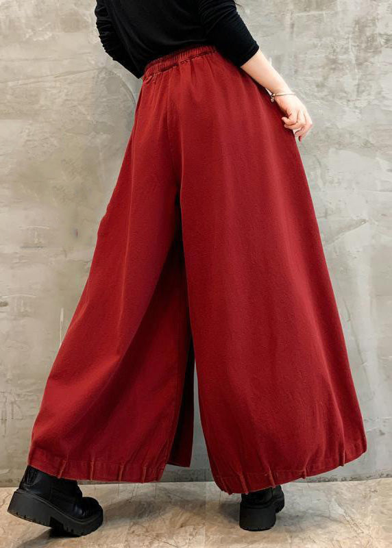 Red Lace Up Elastic Waist Cotton Crop Pants Pockets Spring