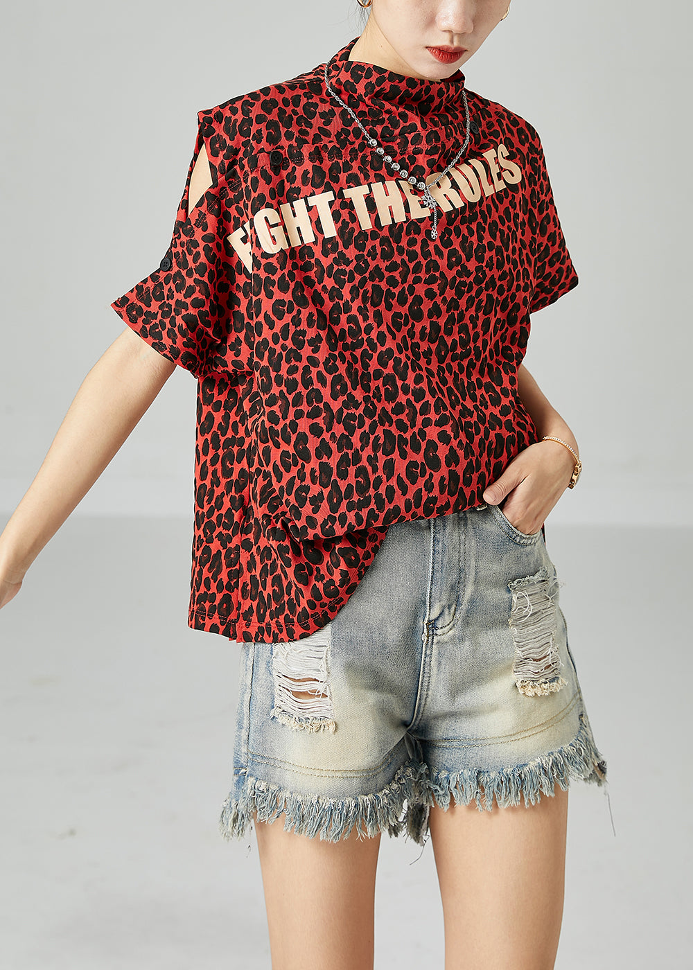 Red Leopard Print Cotton Tanks Stand Collar Cold Shoulder Summer