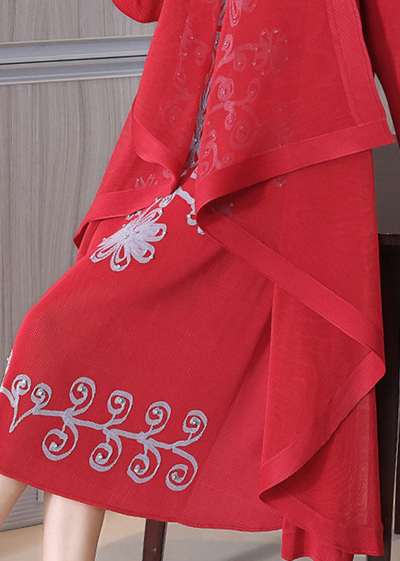 Red O-Nec Nail Bead Fake Two Pieces Maxi Dress Long Sleeve