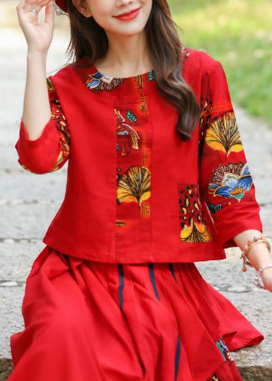 Red O-Neck Button Top And Skirts Two Piece Set Fall